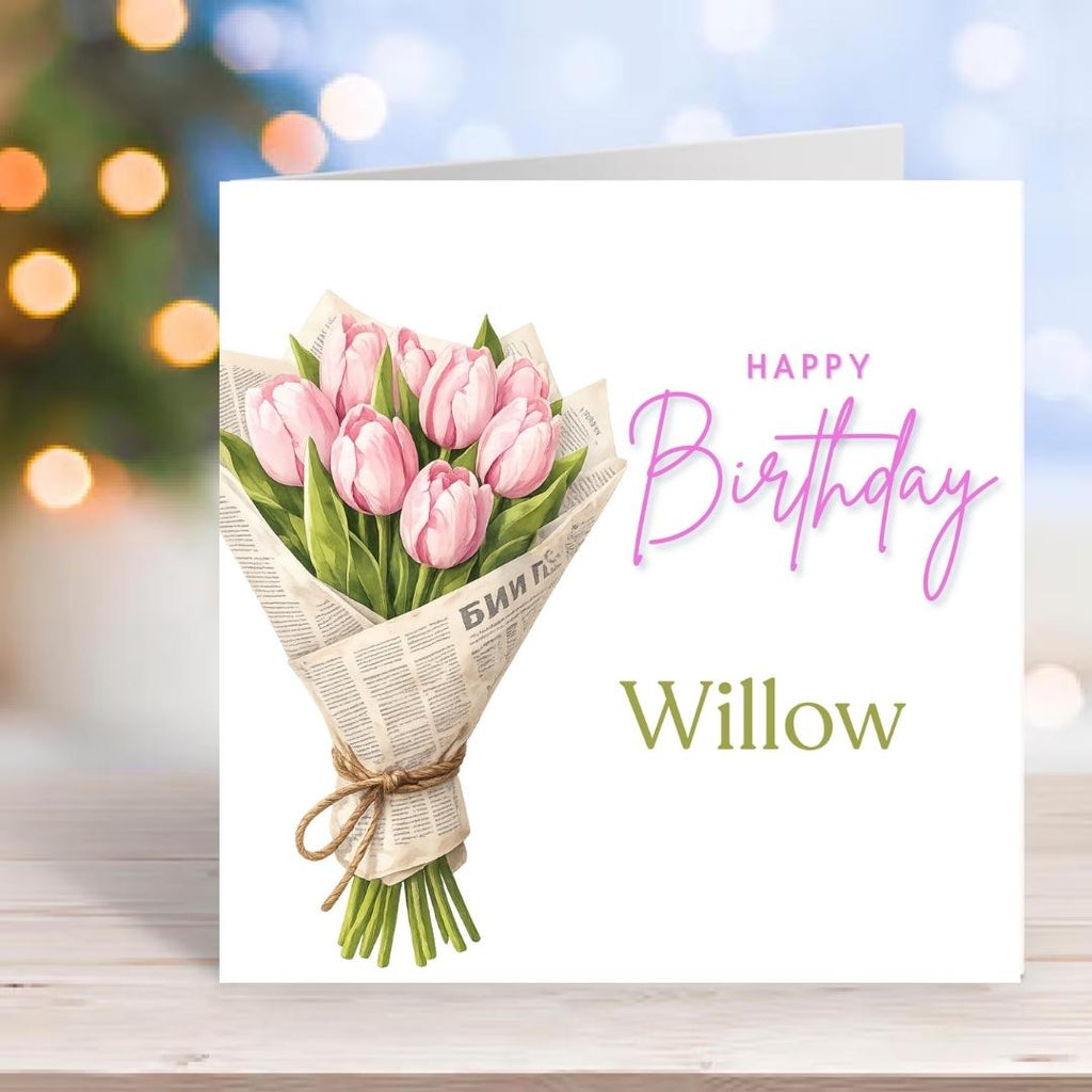 Personalized Pink Tulip Birthday Card For Her – Custom Name Floral Greeting