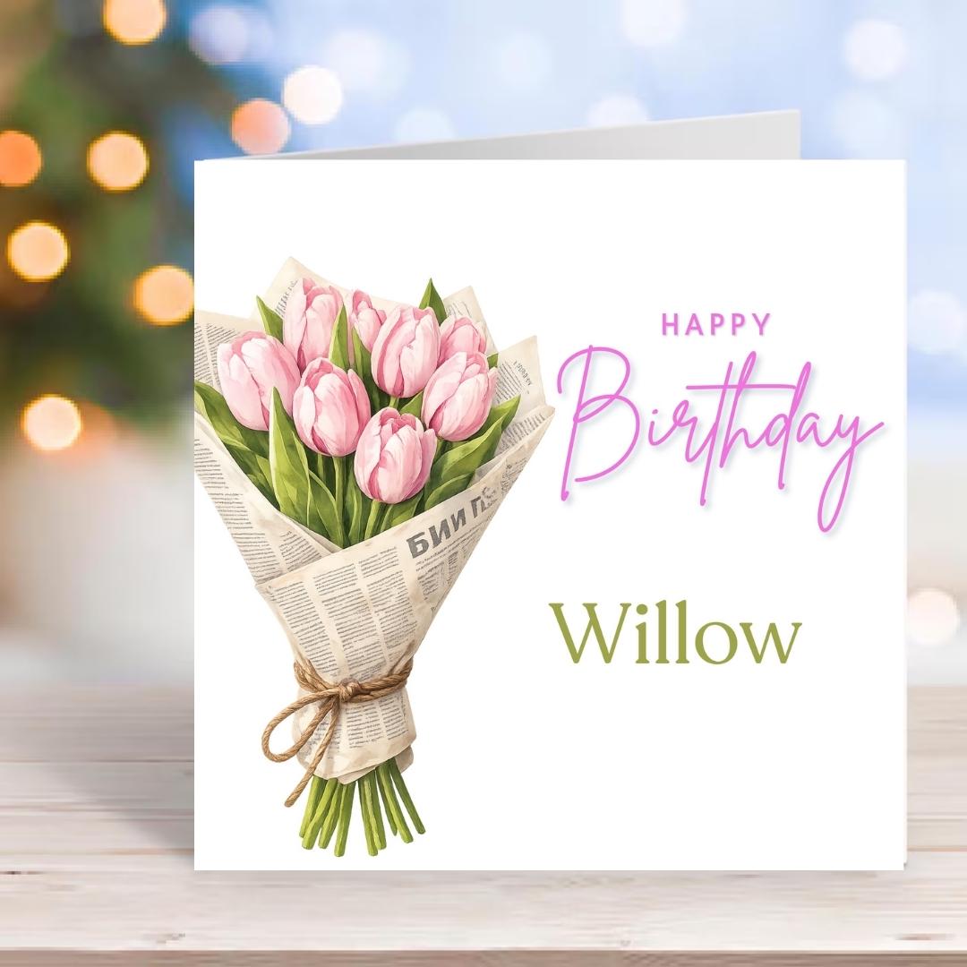 Personalized Pink Tulip Birthday Card For Her – Custom Name Floral Greeting