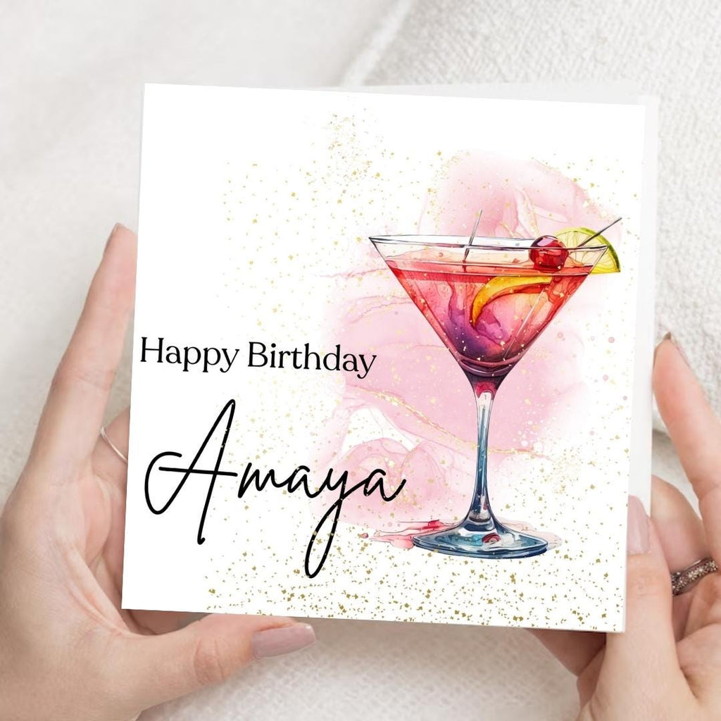 Personalized Cocktail Birthday Card – Custom Name Stylish Design For Her