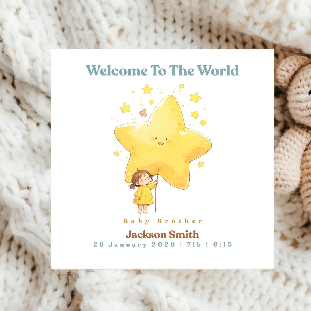 Welcome To The World Baby Brother Sister Card, New-born Announcement Gift, Baby Sister Keepsake