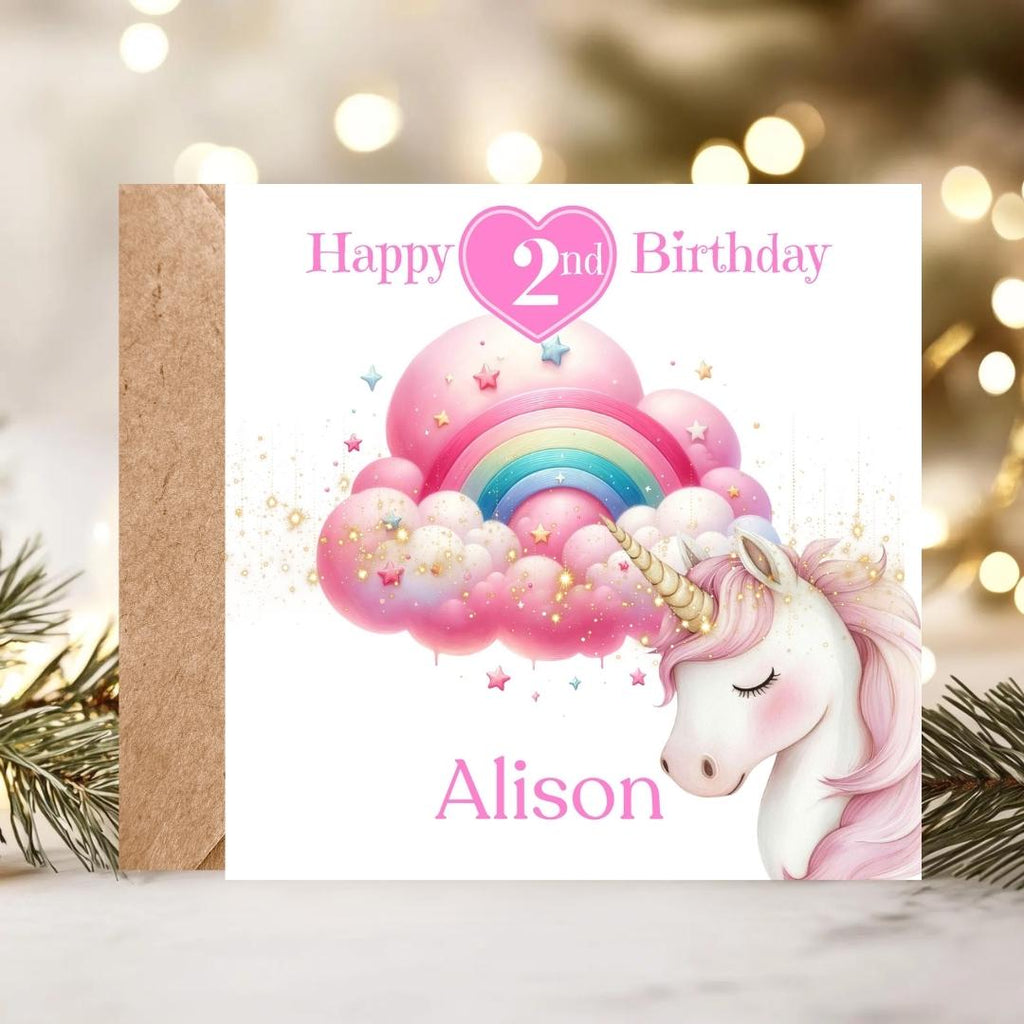 Personalized Unicorn 2nd Birthday Card For granddaughter, niece, daughter - cloud rainbow magical themed