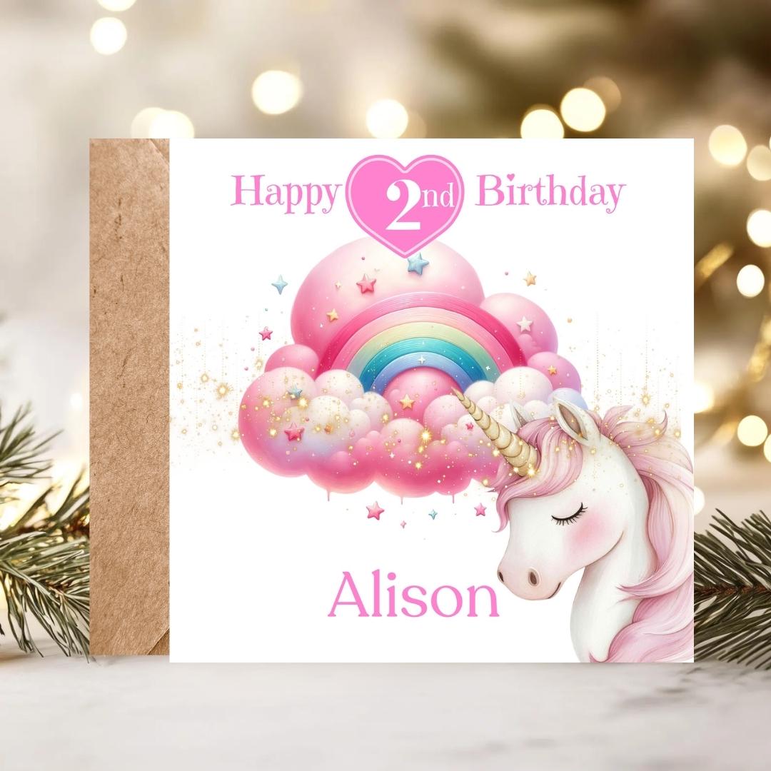 Personalized Unicorn 2nd Birthday Card For granddaughter, niece, daughter - cloud rainbow magical themed