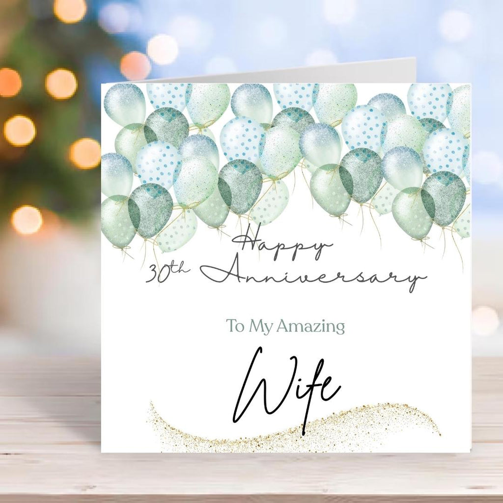 30th Anniversary Card for Wife – Soft Green Balloons, Romantic Personalized Greeting