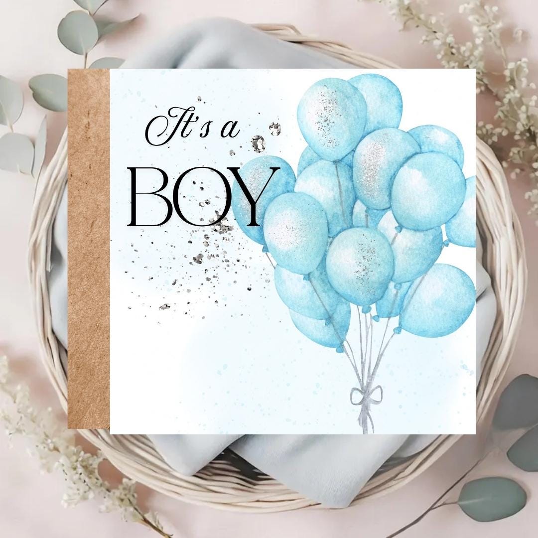 It's a Boy Card, Blue Balloons New Baby Greeting, Welcome Gift