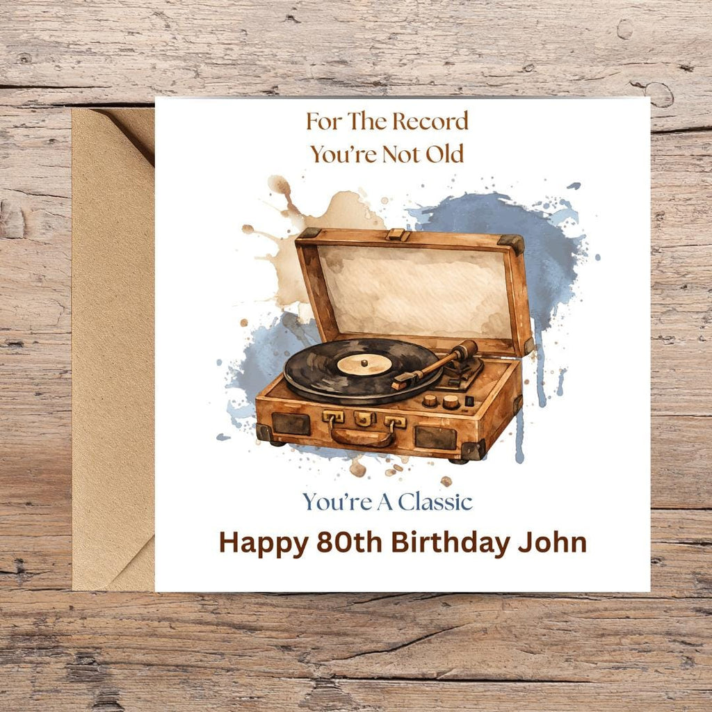 Funny 80th Birthday Card For Husband, Dad, Grandpa, Uncle - Record Player Humour Greeting Cards