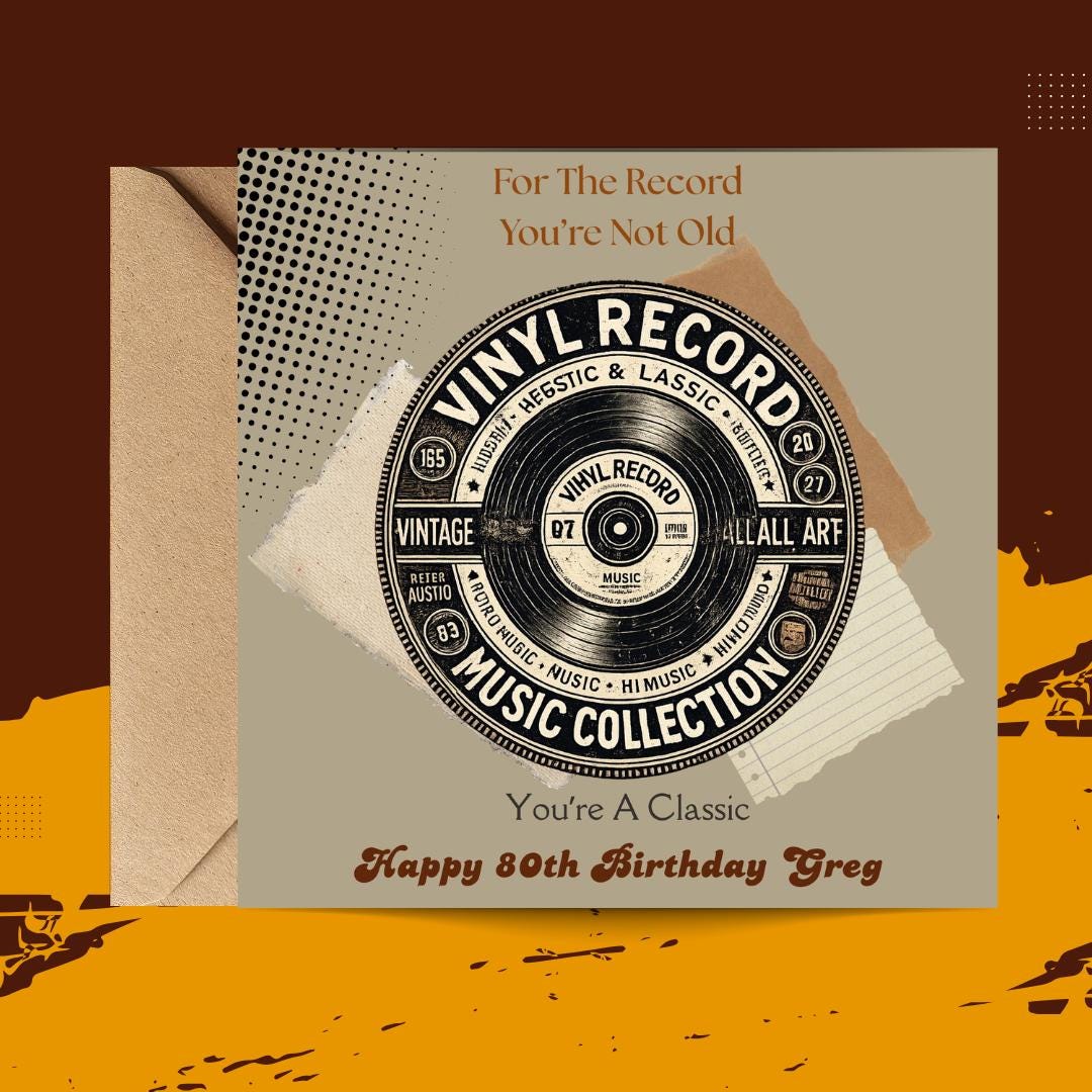 Funny 80th Birthday Card For Husband, Dad, Grandpa, Uncle - Record Player Humour Greeting Cards