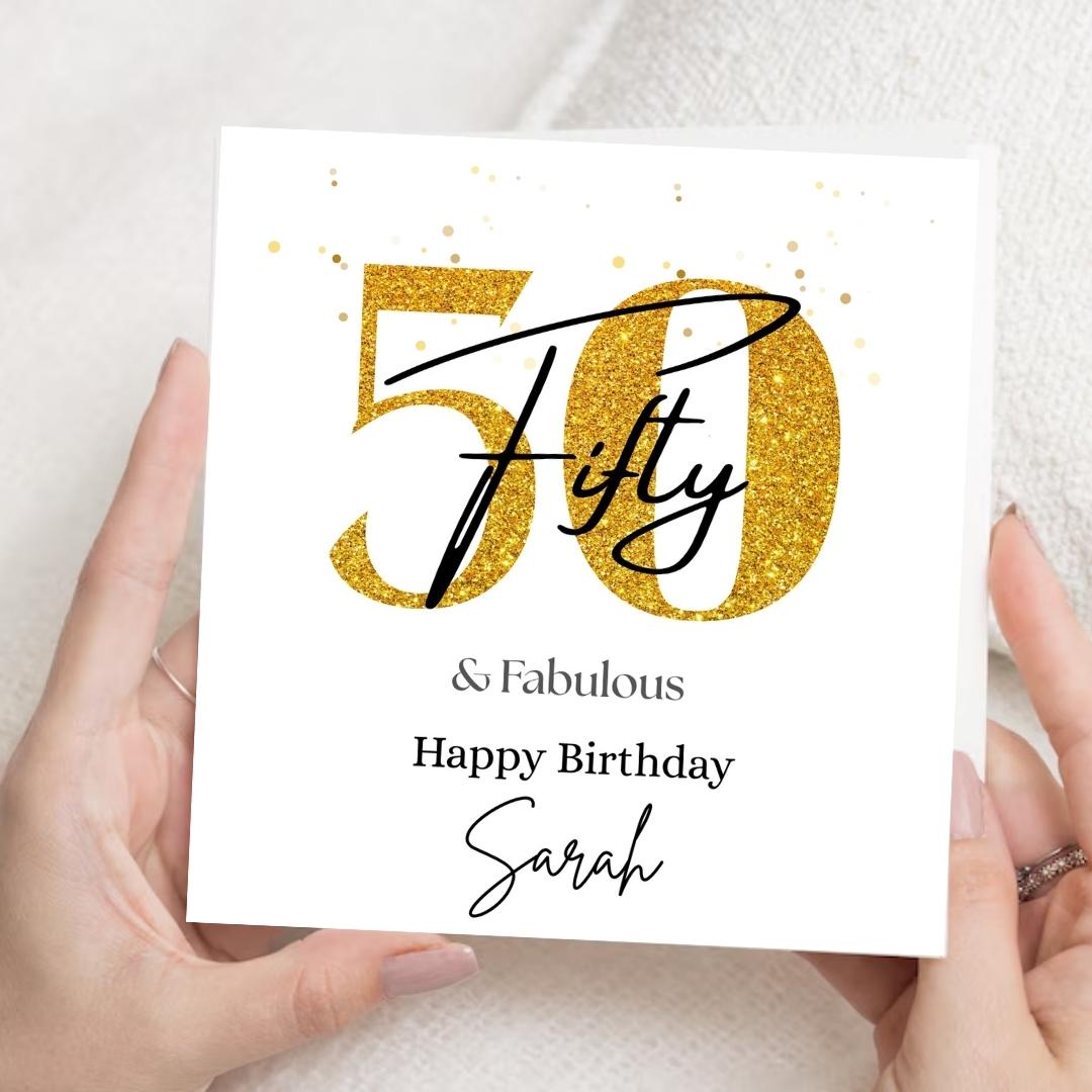 Personalized 50th Birthday Card, Gold Glitter Fifty, Keepsake Milestone