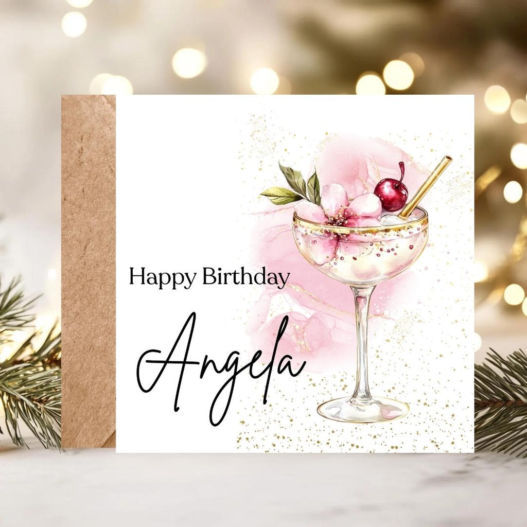 Personalized Cocktail Glass Birthday Card – Custom Name Card For Mum, Sister, Friend, Cousin, Female