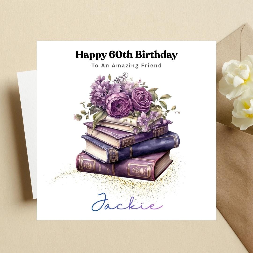Personalised 60th Birthday Card, Book Lover Design, Custom Name Greeting (Mum, Wife)