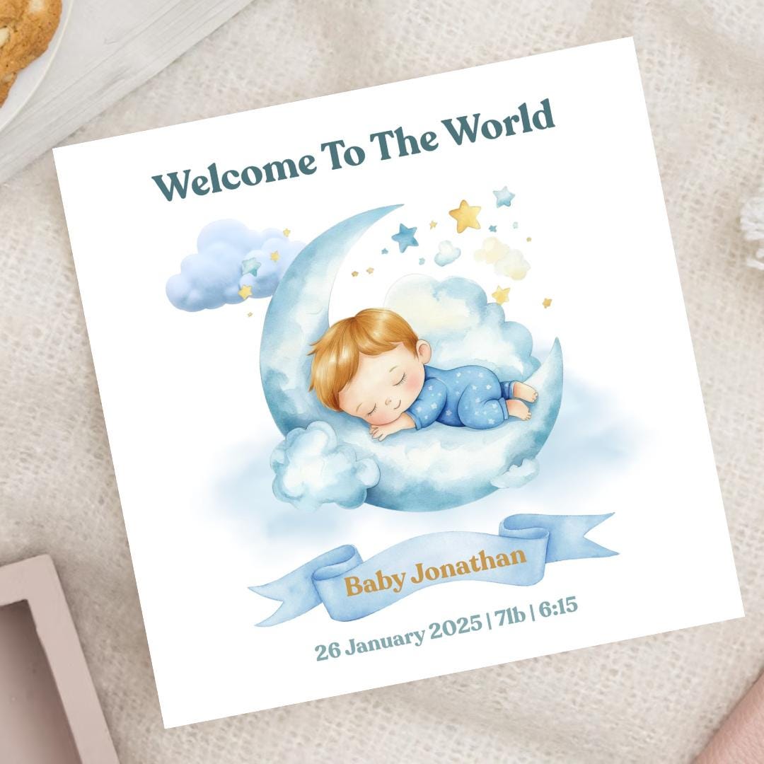 Personalized Baby Boy Card, Welcome to the World, Soft Blue Palette