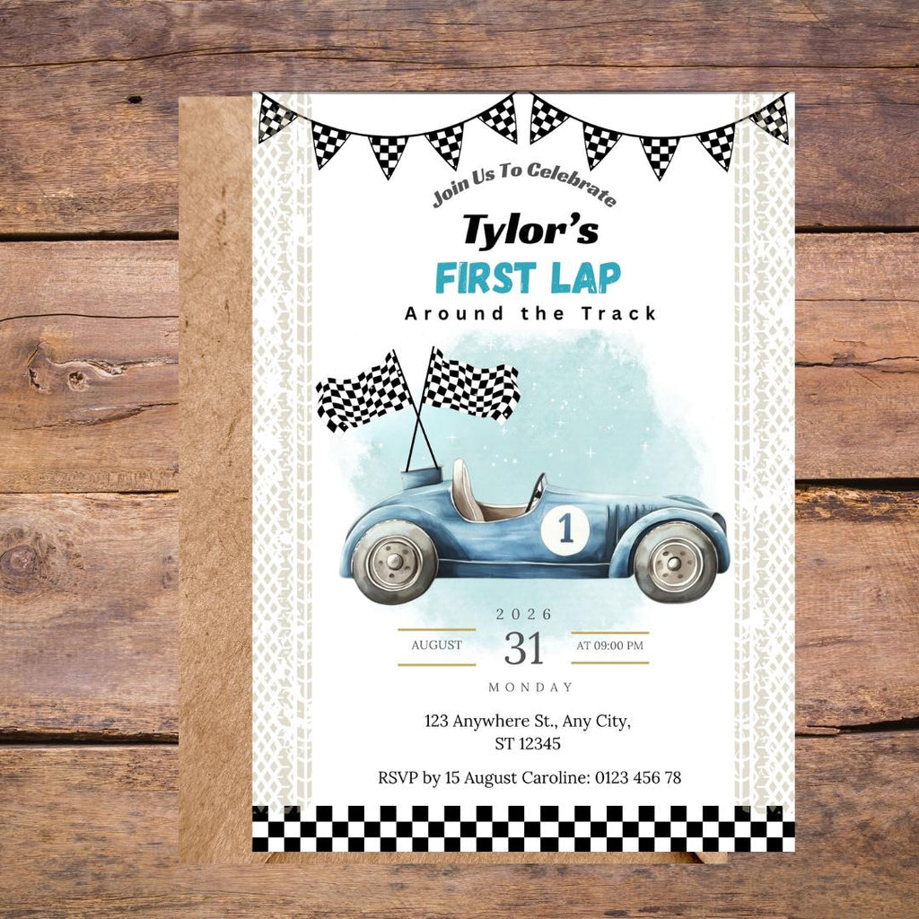 Race Car First Birthday Invitation Boy, | “First Lap” Racing Theme Invite | Editable Digital Printable 1st Birthday Invitation
