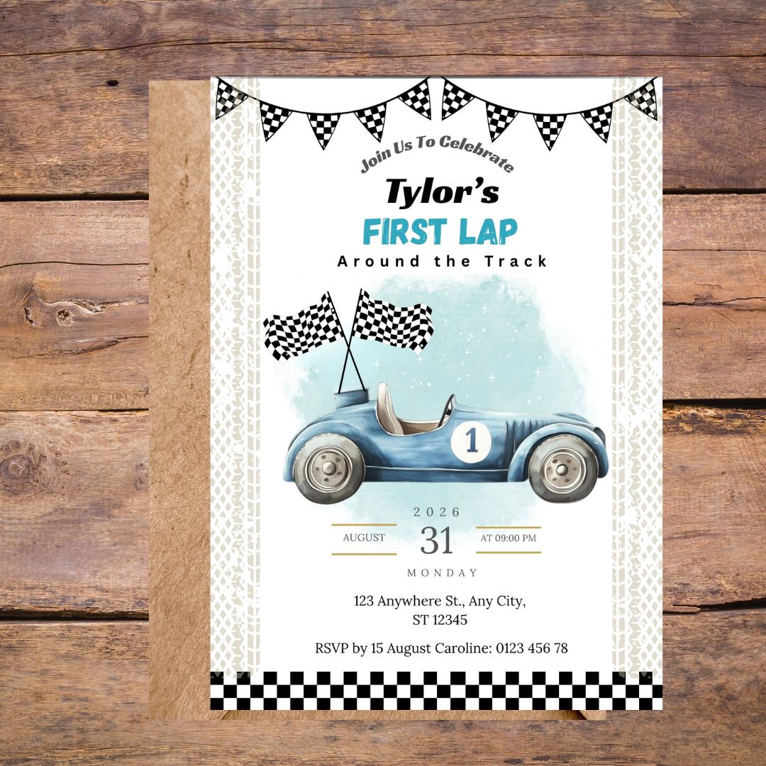 Race Car First Birthday Invitation Boy, | “First Lap” Racing Theme Invite | Editable Digital Printable 1st Birthday Invitation