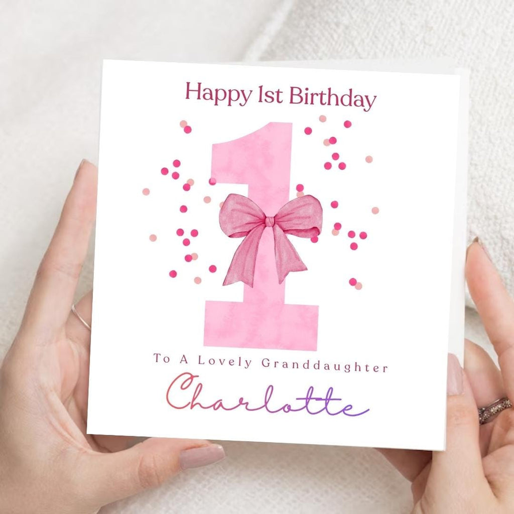 Personalized 1st Birthday Card For Granddaughter, Pink Bow Design