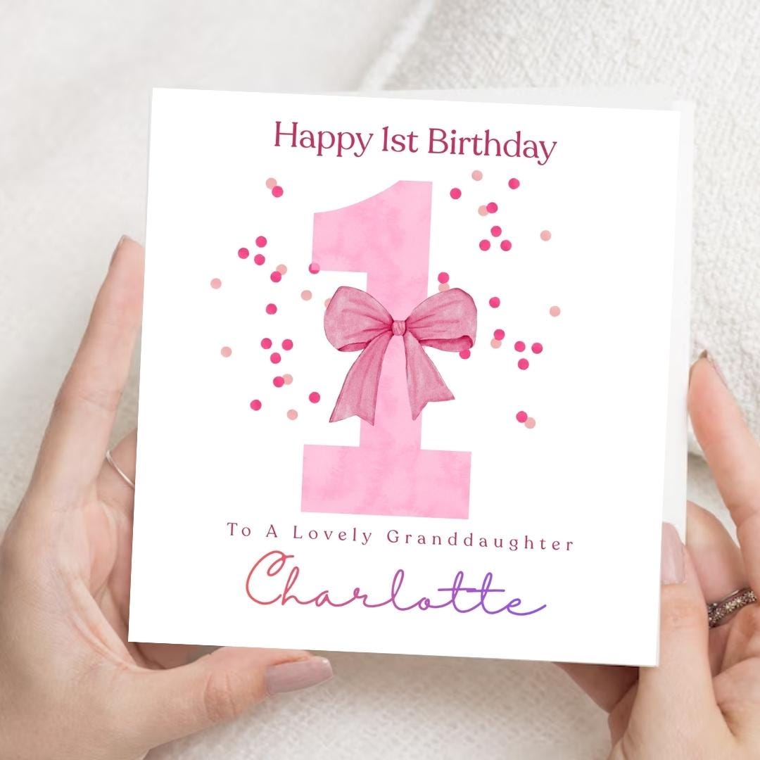 Personalized 1st Birthday Card For Granddaughter, Pink Bow Design