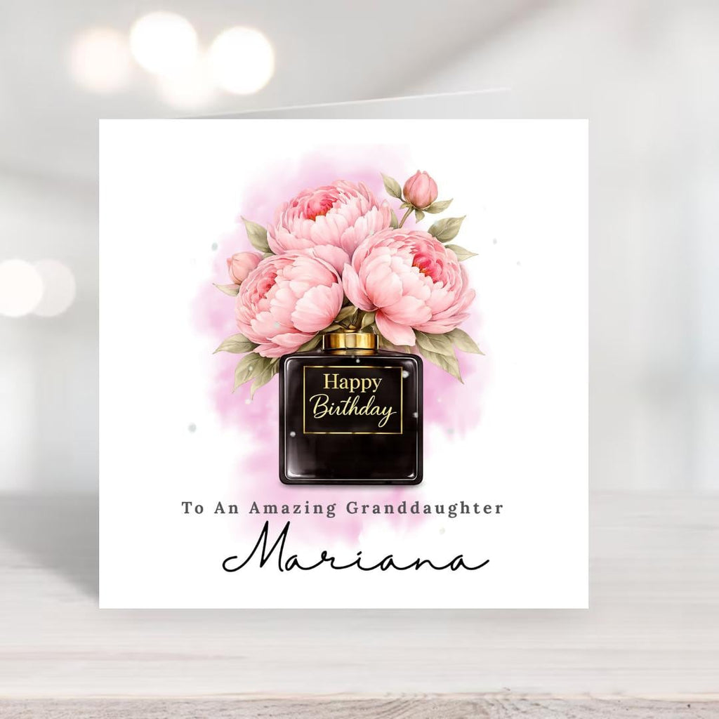 Personalised Birthday Card for Her, Custom Name Elegant Floral Perfume Bottle Design