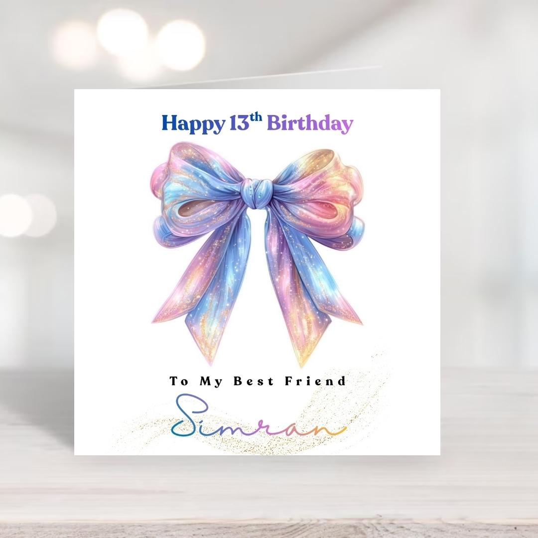 Coquette 13th Birthday Card, Custom Name Bow Design, Sister Daughter Granddaughter Greeting