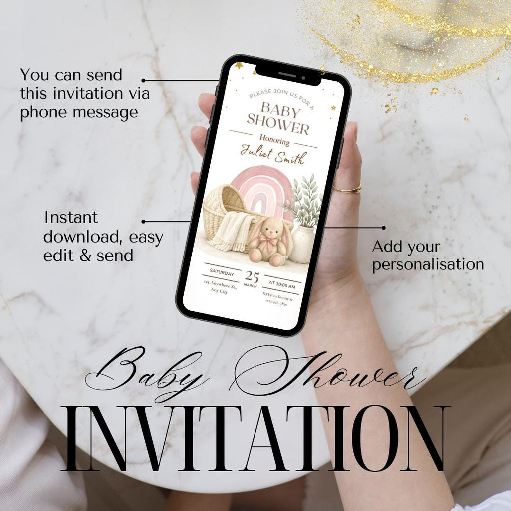 Boho Baby Shower Invitation, Rainbow Bunny Canva Template (Digital Download)