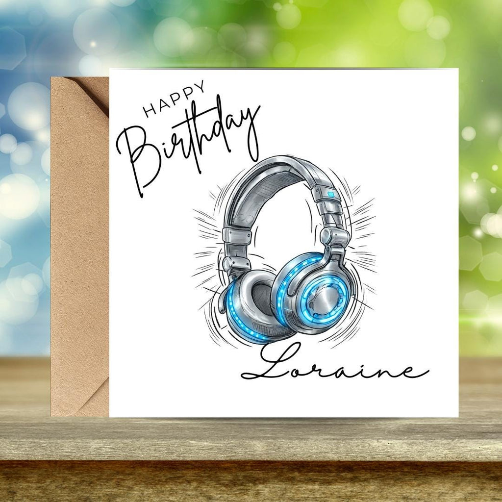 Personalized Music Lover DJ Birthday Card, Headphones Custom Name, Unisex Teen Birthday Cards
