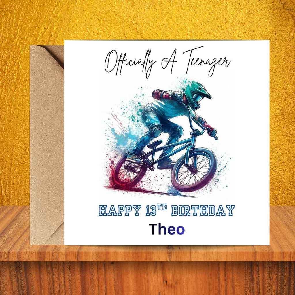 Personalized 13th Birthday Card, BMX Rider Son, Officially Teenager (Custom Name)