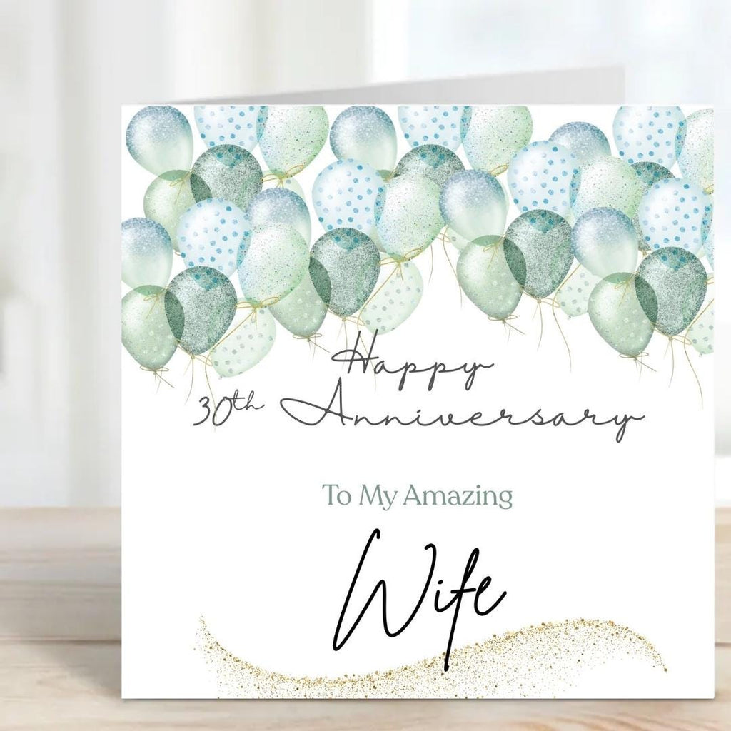 30th Anniversary Card for Wife – Soft Green Balloons, Romantic Personalized Greeting
