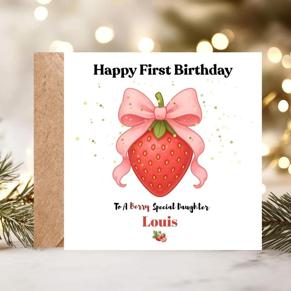 Personalized Berry 1st Birthday Card For Granddaughter, Strawberry Coquette Bow Design Daughter Cards