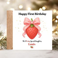 Personalized Berry 1st Birthday Card For Granddaughter, Strawberry Coquette Bow Design Daughter Cards