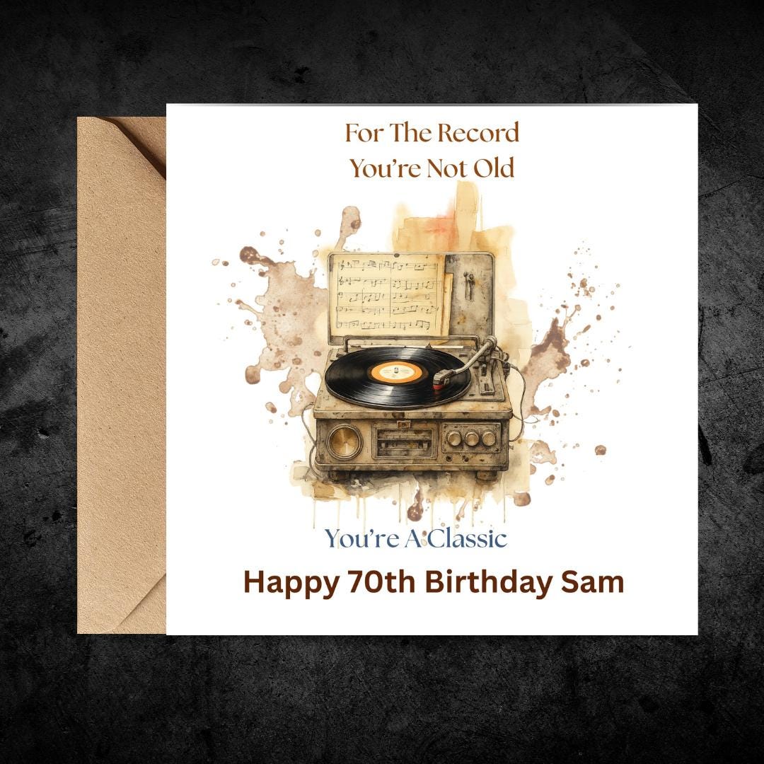 Funny 70th Birthday Card For Husband, Dad, Grandpa, Uncle - Record Player Humour Greeting Cards