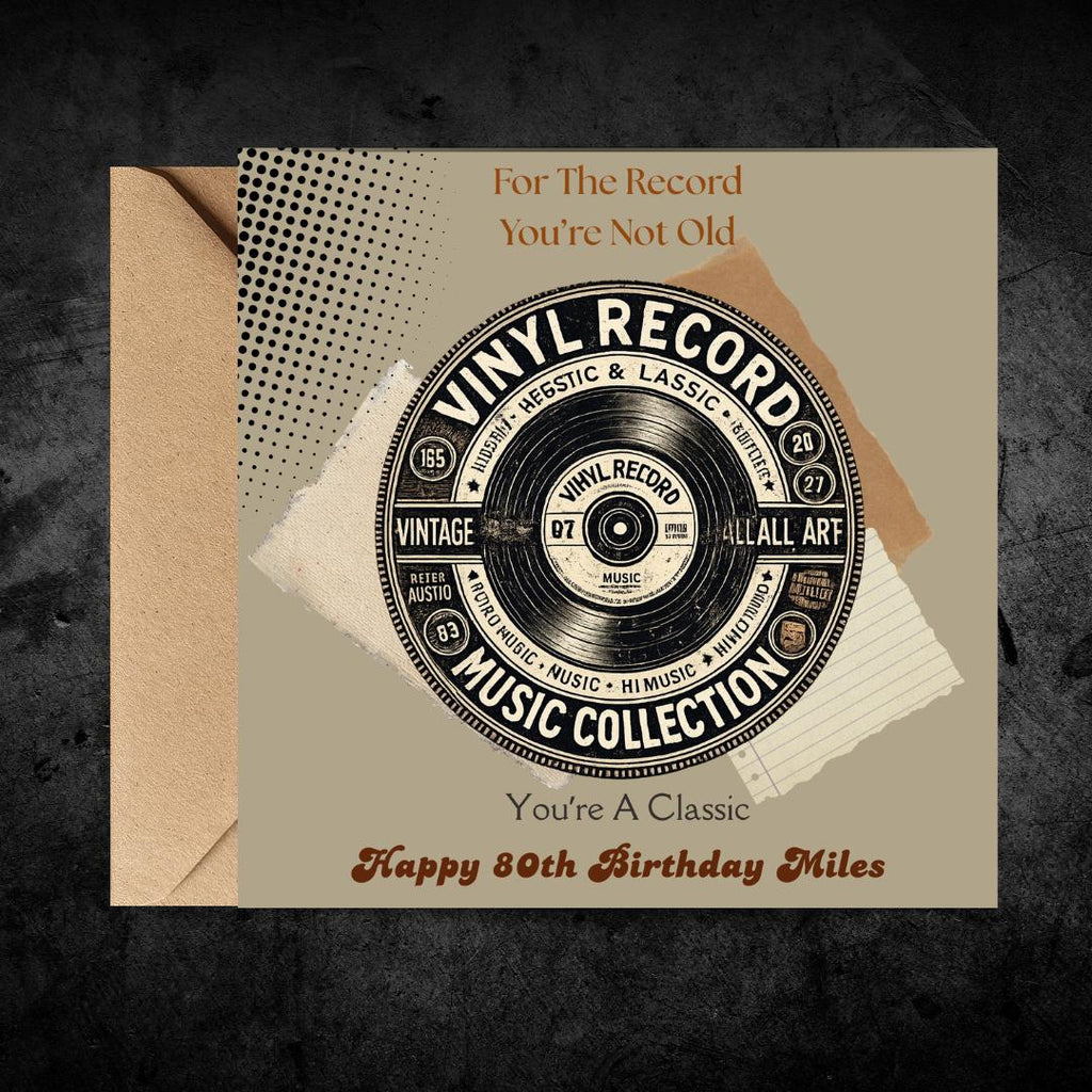 Funny 80th Birthday Card For Husband, Dad, Grandpa, Uncle - Record Player Humour Greeting Cards