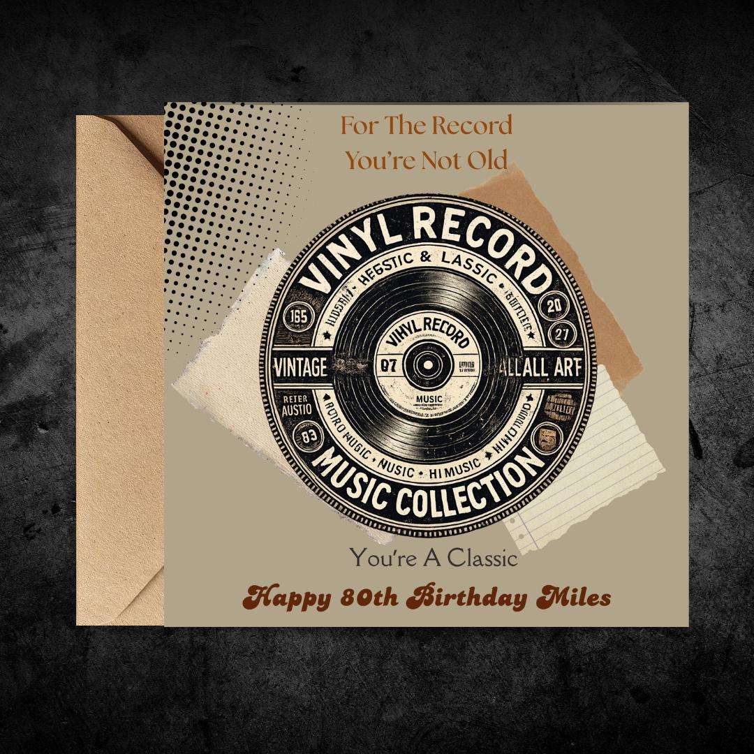 Funny 80th Birthday Card For Husband, Dad, Grandpa, Uncle - Record Player Humour Greeting Cards