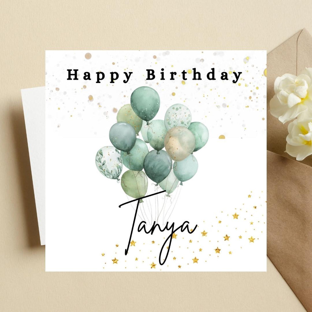 Personalized Birthday Card: Custom Name Balloons, Green Minimalist Design