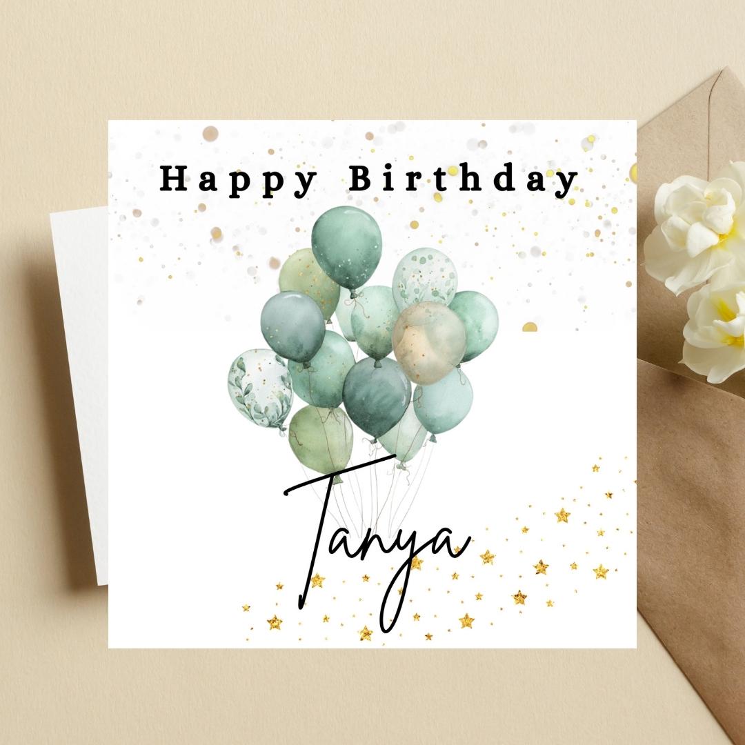Personalized Birthday Card: Custom Name Balloons, Green Minimalist Design