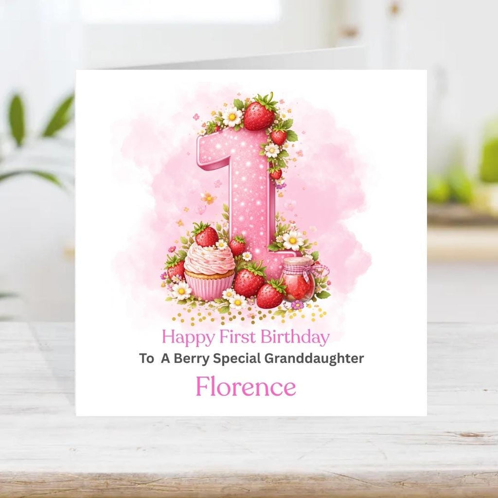 Personalized Berry 1st Birthday Card For Granddaughter, Daughter First Birthday Cards, Strawberry Number One