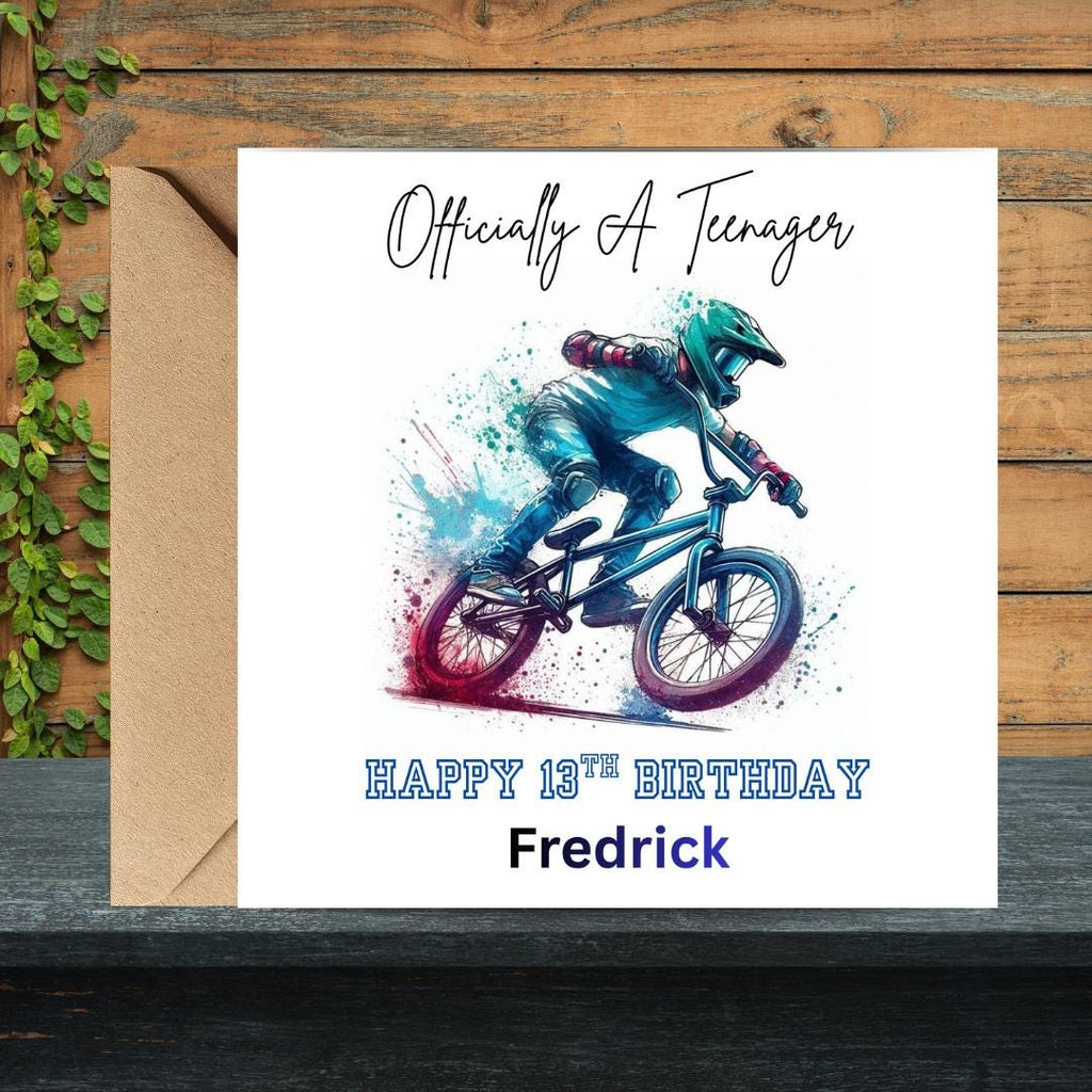 Personalized 13th Birthday Card, BMX Rider Son, Officially Teenager (Custom Name)