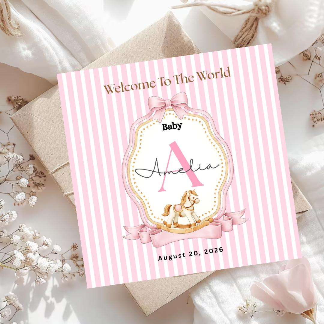 Personalised Baby Girl Welcome Card, Custom Name Initial, New born Congratulations