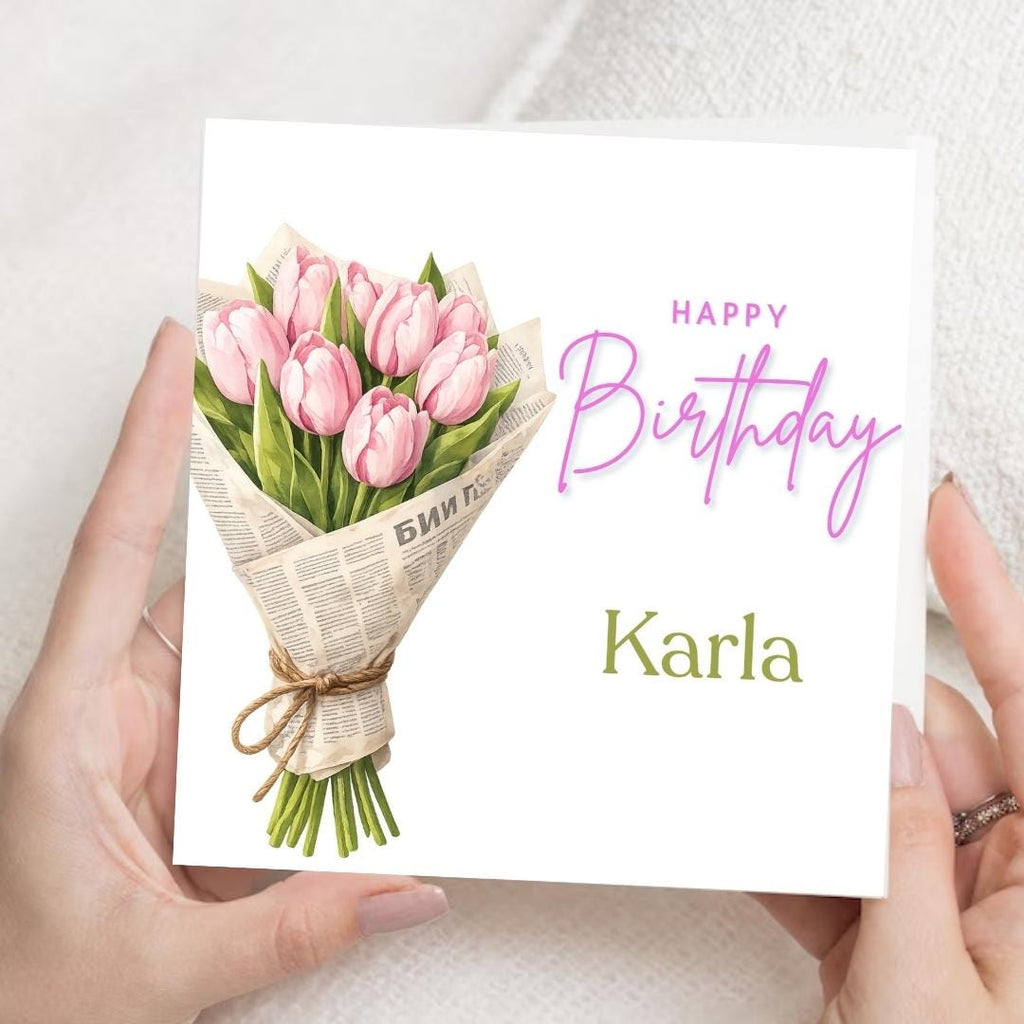 Personalized Pink Tulip Birthday Card For Her – Custom Name Floral Greeting