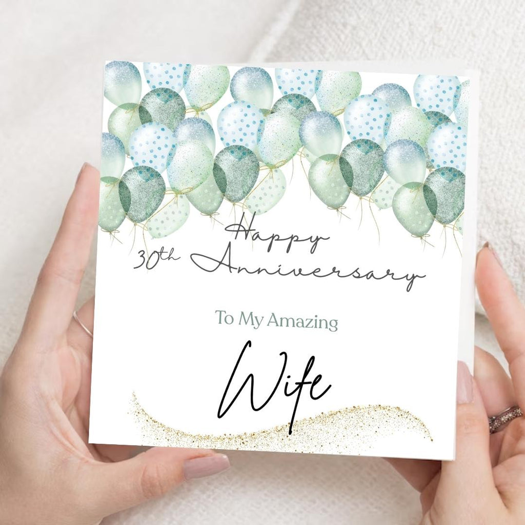 30th Anniversary Card for Wife – Soft Green Balloons, Romantic Personalized Greeting