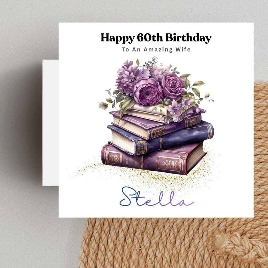 Personalised 60th Birthday Card, Book Lover Design, Custom Name Greeting (Mum, Wife)