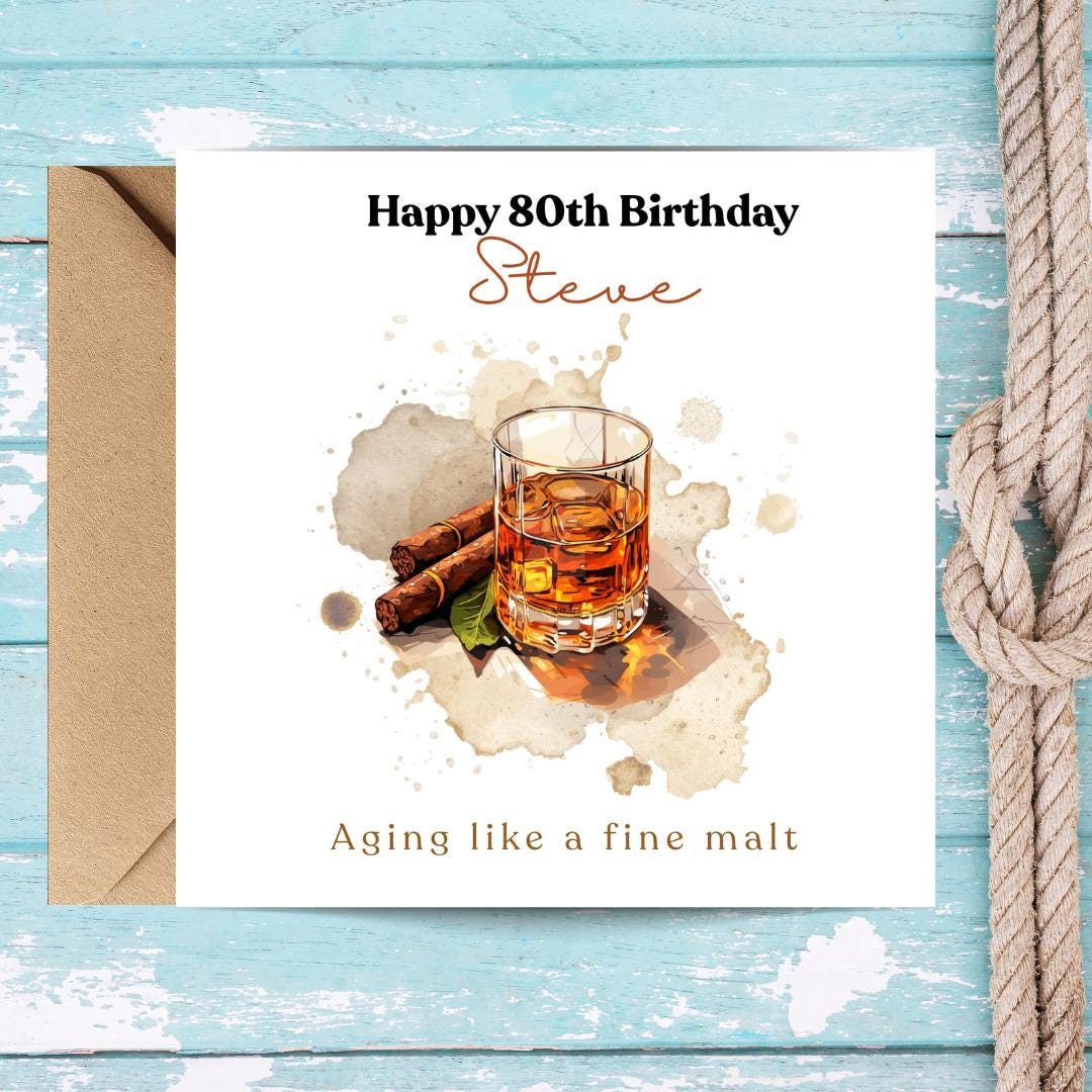 Personalized 80th Birthday Card, Whiskey Lover Funny Card for Husband, Dad, Grandpa