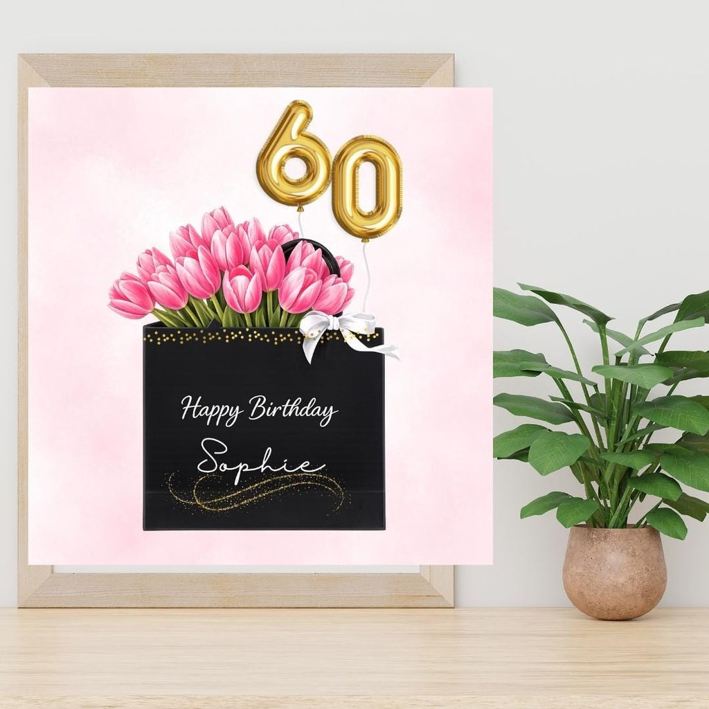 Personalized 60th Birthday Card For Her, Floral Pink Tulips Elegant Fashion Gift Bag Greeting For Her
