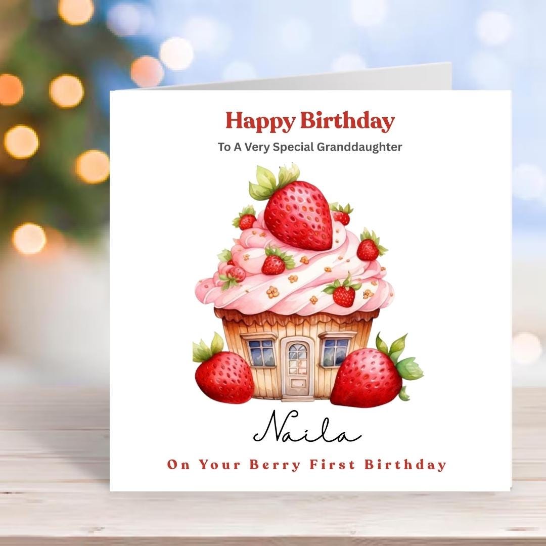 Personalized Berry 1st Birthday Card For Granddaughter, Daughter First Birthday Cards, Strawberry Number One