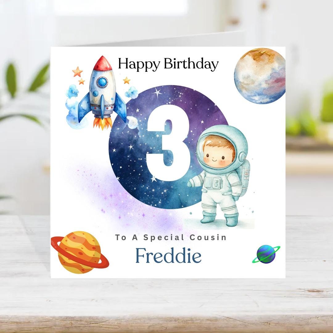 Personalized Kids Space Birthday Card, Astronaut Rocket number card