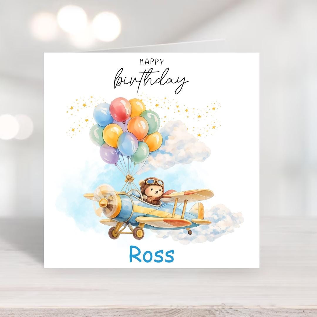 Personalized Plane Birthday Card, Kids Name Card