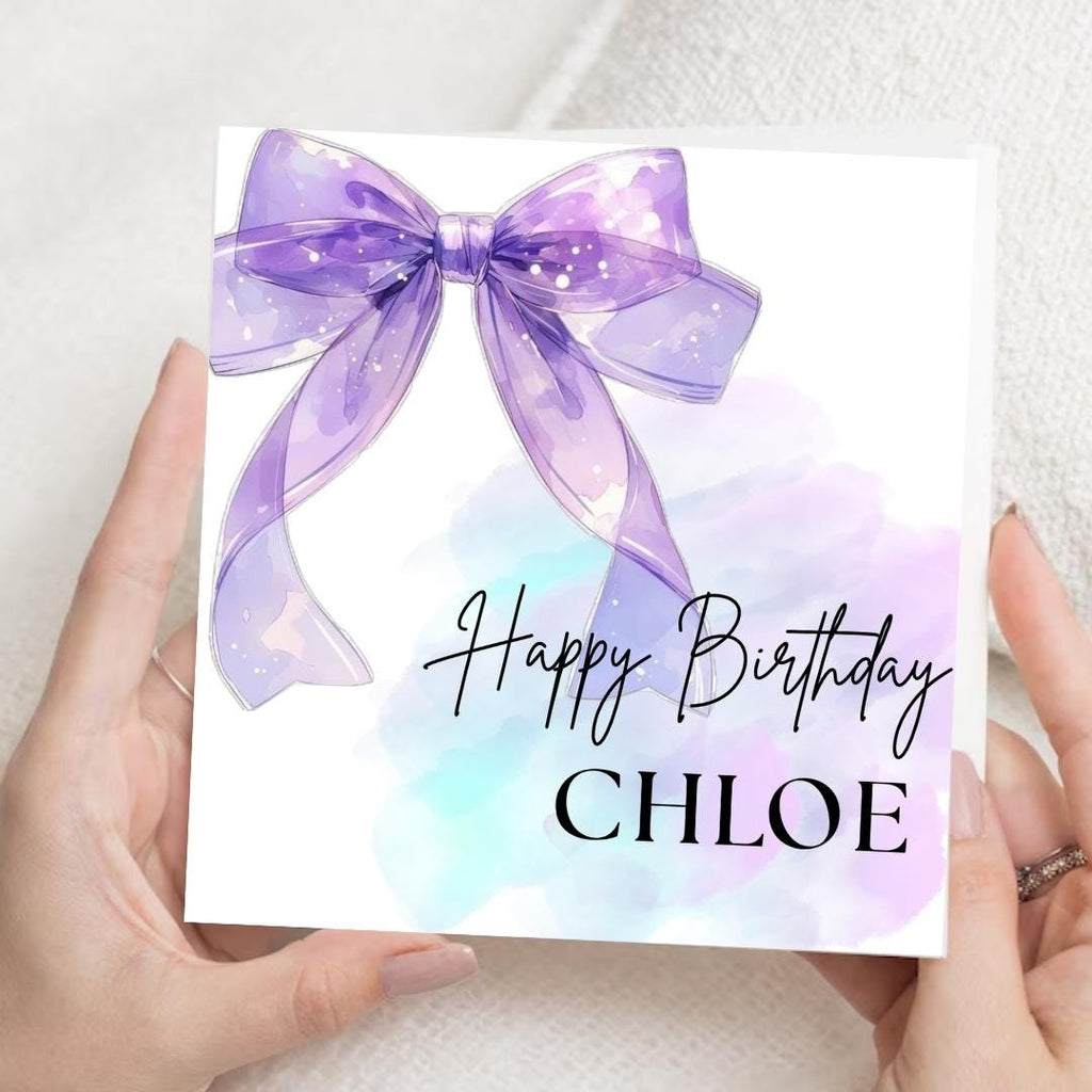 Personalized Coquette Bow Birthday Card, Elegant Purple Design, Custom Name Birthday Gift For Her