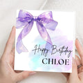 Personalized Coquette Bow Birthday Card, Elegant Purple Design, Custom Name Birthday Gift For Her