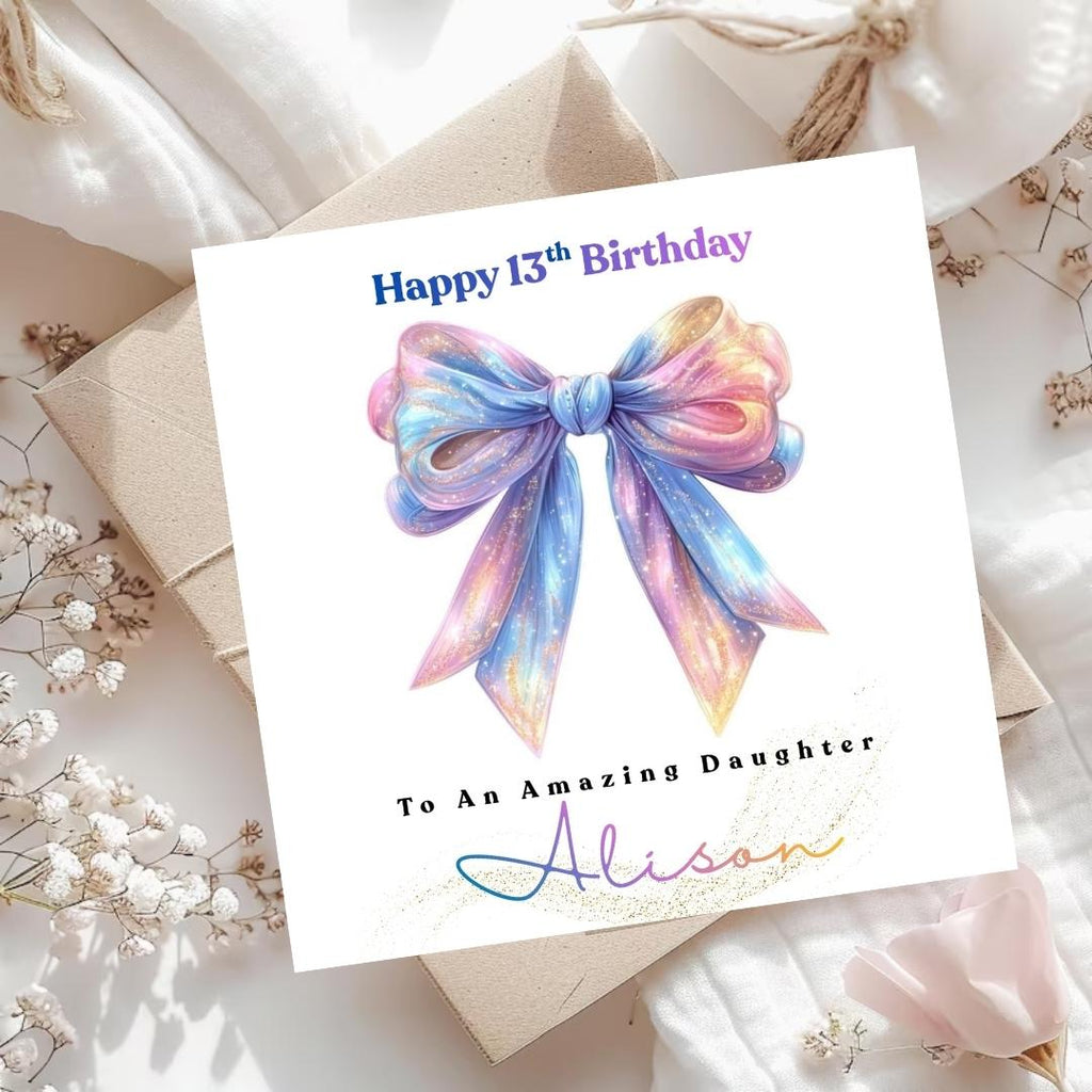 Coquette 13th Birthday Card, Custom Name Bow Design, Sister Daughter Granddaughter Greeting