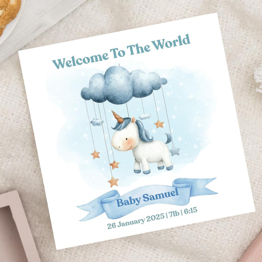 Personalized Baby Boy Card, Welcome to the World, Soft Blue Palette