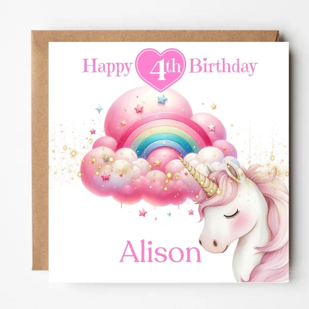 Personalized Unicorn 4th Birthday Card, Magical Rainbow Cloud Design