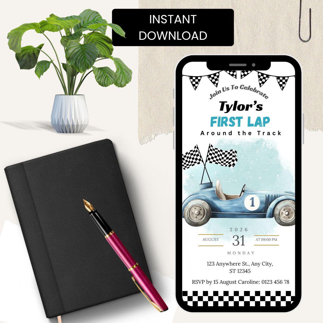 Race Car First Birthday Invitation Boy, | “First Lap” Racing Theme Invite | Editable Digital Printable 1st Birthday Invitation
