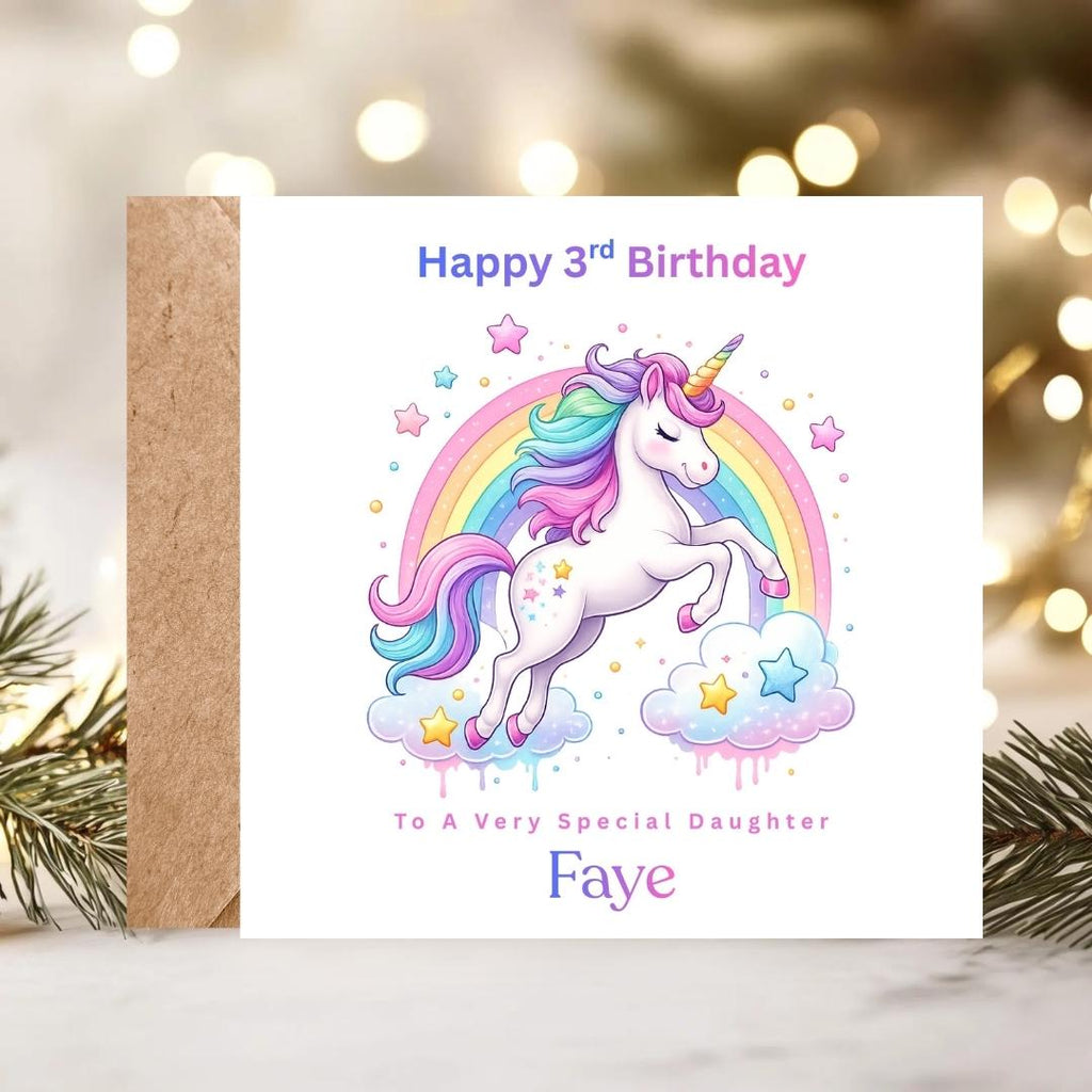 Personalised Unicorn 3rd Birthday Card for Daughter, Rainbow Unicorn Custom Name Age 3 Cards