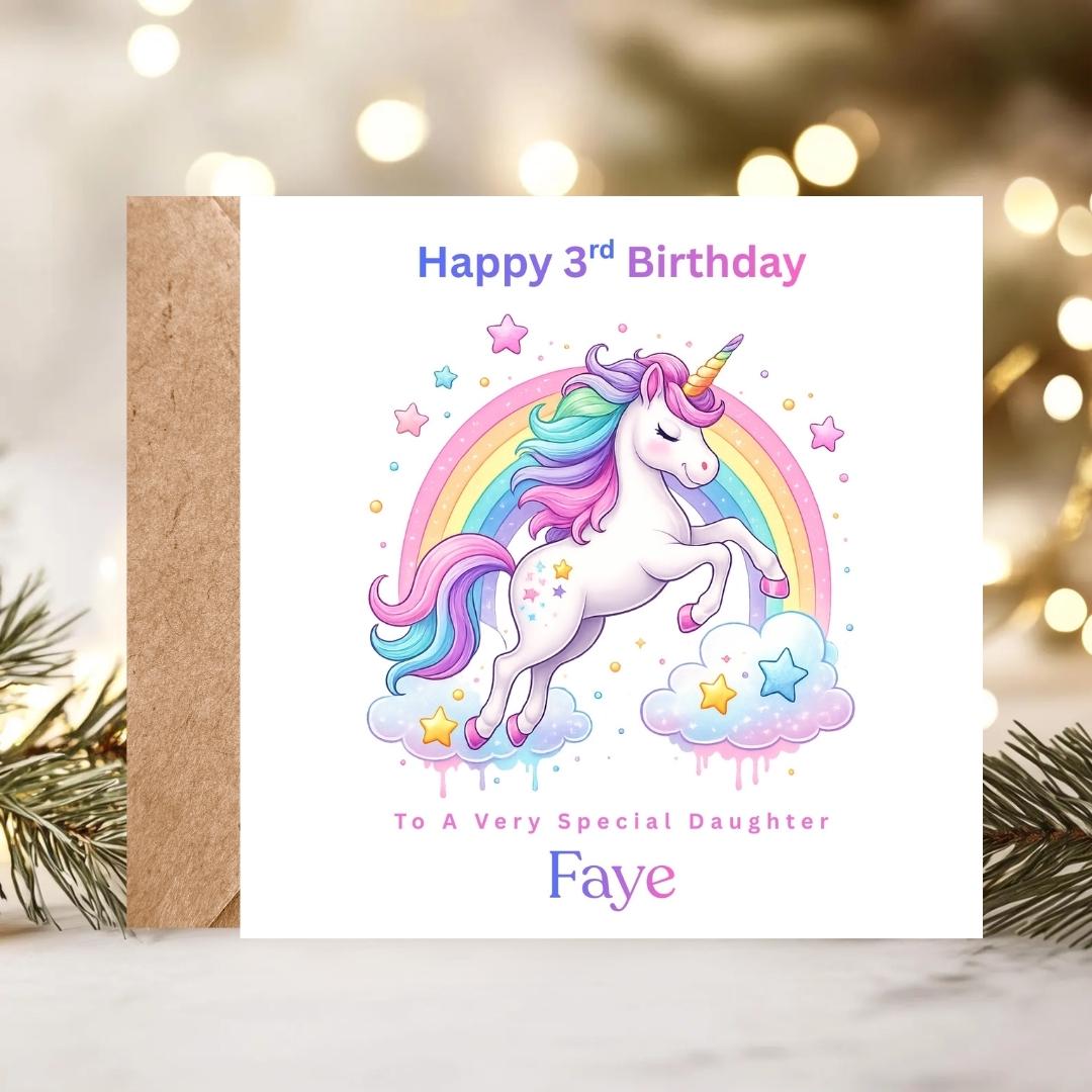 Personalised Unicorn 3rd Birthday Card for Daughter, Rainbow Unicorn Custom Name Age 3 Cards